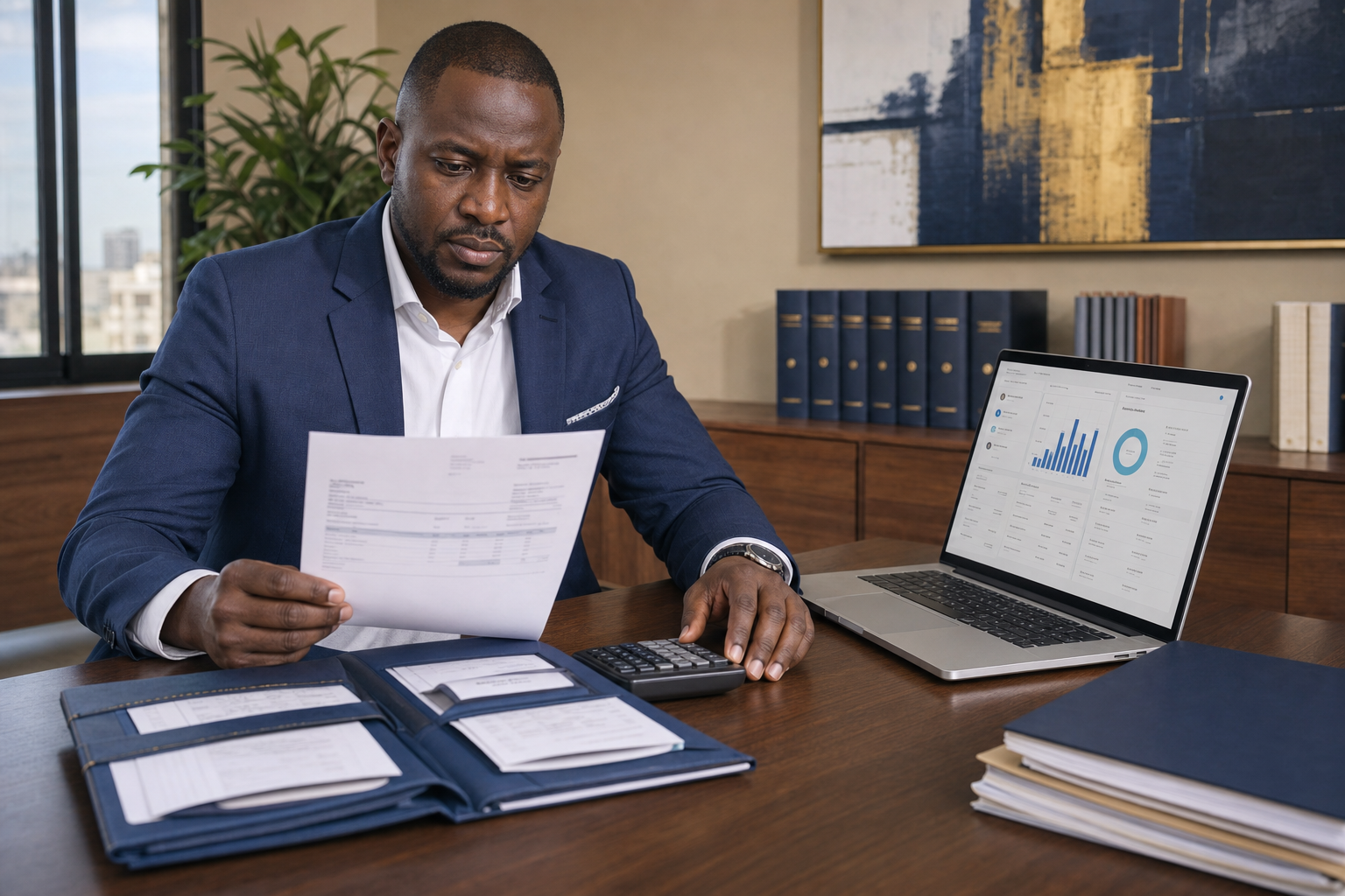 Gestionnaire de cabinet sénégalais vérifiant une facture et le suivi des honoraires
